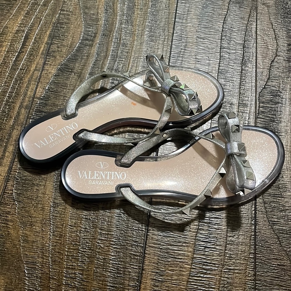 Valentino Rockstud thong sandals silver glitter
